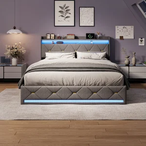 Design opbergbed 160×200 cm van grijs linnen met RGB LED-verlichting, USB-poorten & draadloos opladen, hoofdeinde met gouden knoopdecoratie
