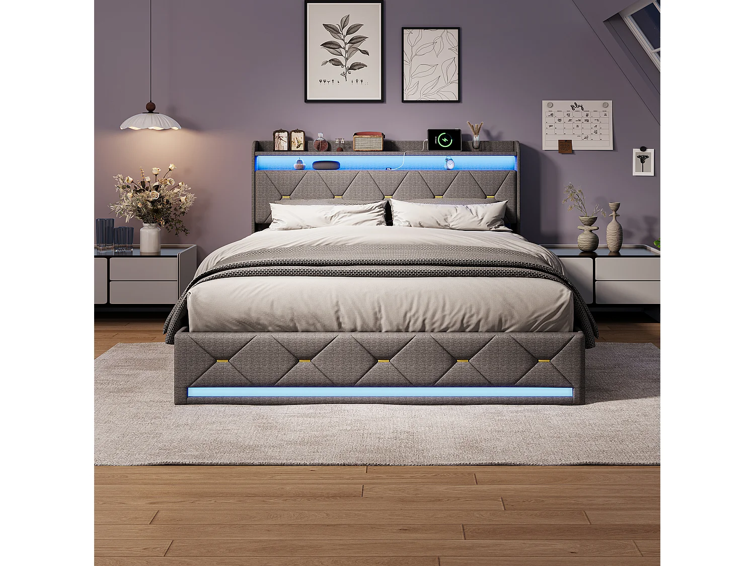 Design opbergbed 160x200 cm van grijs linnen met RGB LED-verlichting, USB-poorten & draadloos opladen, hoofdeinde met gouden knoopdecoratie