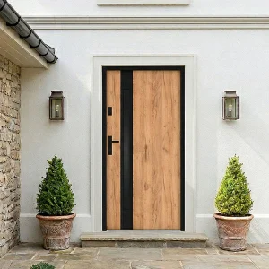 Stalen voordeur vol inox H207 x B100 cm – gerookt – eiken en zwart effect – BRAGA