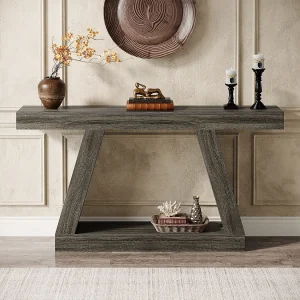 Consoletafel, 140 cm, rustieke bijzettafel met opbergruimte, haltafel, woonkamertafel, grijs