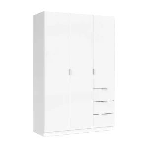 Ddermak kledingkast, slaapkamerkast met 3 deuren en 3 laden, kast met 3 planken en kledingroede, 135x52h200 cm, Wit