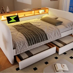 Dagbed met 2 lades – linnenstof – 140×190 cm – met LED en oplaadfunctie – Beige Dagbed met 2 lades – linnenstof – 140×190 cm – met LED en oplaadfunctie – Beige