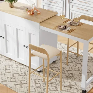 Centrale keukeneiland met 4 deuren – Uitklapbaar bord – 118(180)x46x94 cm – Wit + Natuurlijk