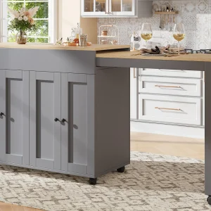 Centrale keukeneiland met 4 deuren – Uitklapbaar bord – 118(180)x46x94 cm – Grijs + Natuurlijk
