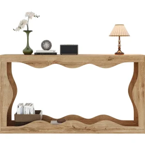 Consoletafel met golvende randen en een houtnerfstructuur – 160,5 x 30 x 86,5 cm – met een 2-laags plank – voor de woonkamer – spaanplaat – naturel