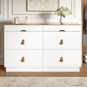 Commode met 6 laden 120 x 40 x 78 cm – Hout en wit glas