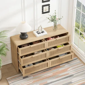 Commode met 6 lades van licht, natuurlijk rotan – Voor slaap- en woonkamer