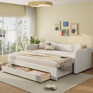 Dagbed 90×200 cm, uitschuifbaar tot 180×200 cm – Volwassenenbed met 2 lades en USB-aansluiting – Beige fluweel Dagbed 90×200 cm, uitschuifbaar tot 180×200 cm – Volwassenenbed met 2 lades en USB-aansluiting – Beige fluweel