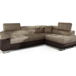 Converteerbare hoekbank in kunstleer en stof met opklapbare hoofdsteunen – Marka Collection-Kleur Bruin/beige gemêleerd-juiste hoek Converteerbare hoekbank in kunstleer en stof met opklapbare hoofdsteunen – Marka Collection-Kleur Bruin/beige gemêleerd-juiste hoek