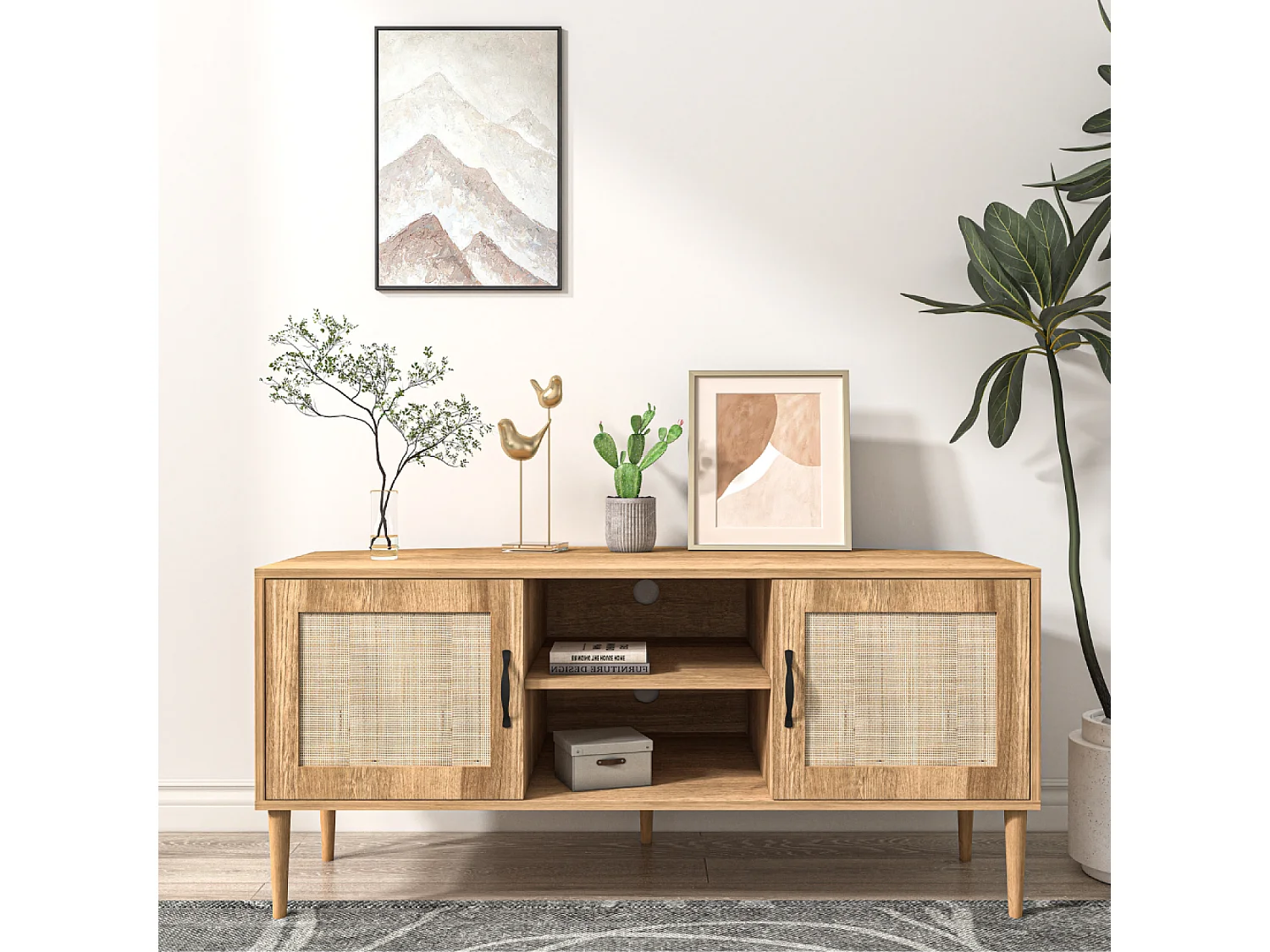 Buffet Artic van licht hout met deuren in rieten effect en vakken - Eigentijdse Stijl - 115 cm