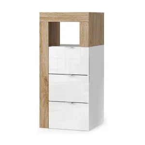 Commode BURA – 3 lades – L35 cm – Hoogglans wit gelakt en licht eiken – Modern ontwerp