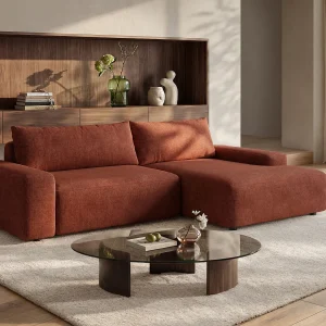 Slaapbank met rechtse hoek in terracotta stof met textuur DAVISO Slaapbank met rechtse hoek in terracotta stof met textuur DAVISO