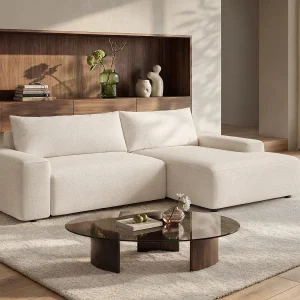 Hoekslaapbank met hoek rechts van beige stof met textuur DAVISO Hoekslaapbank met hoek rechts van beige stof met textuur DAVISO