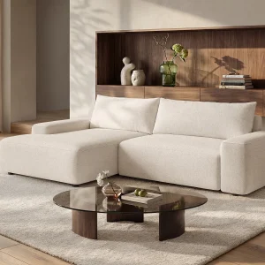 Hoekslaapbank met hoek links van beige stof met textuur DAVISO Hoekslaapbank met hoek links van beige stof met textuur DAVISO