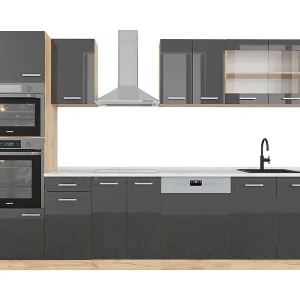 Complete keukeneenheid antraciet hoogglans/goud eiken 300x60x81.6 r-line Complete keukeneenheid antraciet hoogglans/goud eiken 300x60x81.6 r-line