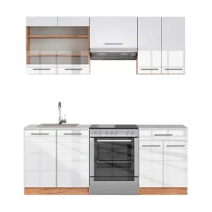 Complete keukeneenheid wit hoogglans/goud power eiken 200x60x81.6 fame-line Complete keukeneenheid wit hoogglans/goud power eiken 200x60x81.6 fame-line