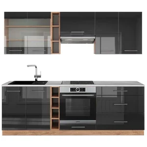 Complete keukeneenheid antraciet hoogglans/goud eiken 235x60x81.6 fame-line Complete keukeneenheid antraciet hoogglans/goud eiken 235x60x81.6 fame-line
