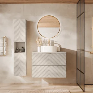 Badkamermeubel met visgraatmotief, ronde opzetwastafel en kolomkast, beige, 80 cm, DORIONI