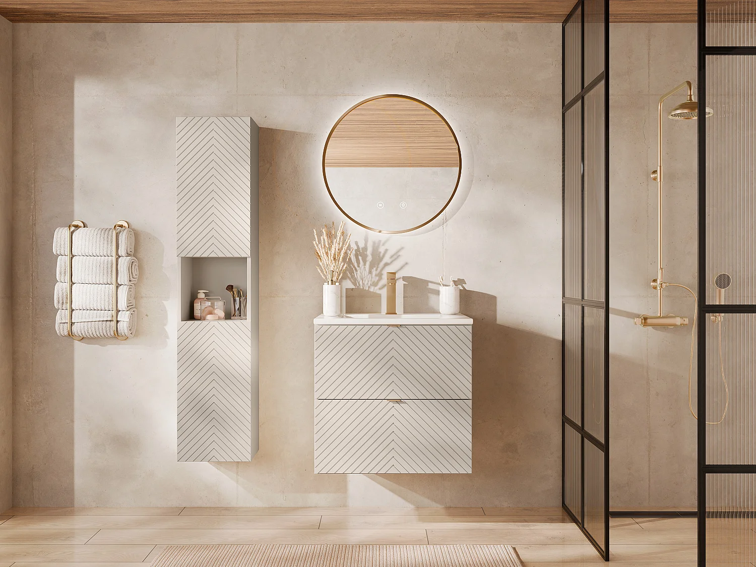 Badkamermeubel met inbouwwastafel en kolomkast, beige, 60 cm, DORIONI