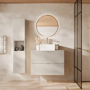 Badkamermeubelmet visgraatmotief met vierkante opzetwastafel en kolomkast, beige, 80 cm, DORIONI