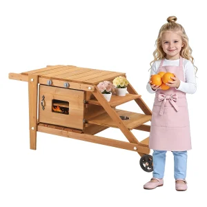 Buitenkeukenspeelgoed voor kinderen 132x59x60,5cm – houten voedselewagen – Imitatiespeelgoed voor 3 jaar+ – Natuur