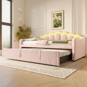 Dagbed met uitschuifbaar bed – 90/180 x 200 cm – met LED-verlichting – fluweel – roze Dagbed met uitschuifbaar bed – 90/180 x 200 cm – met LED-verlichting – fluweel – roze