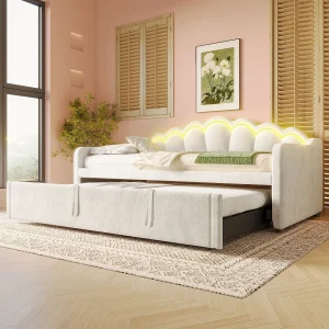 Dagbed met uitschuifbaar bed – 90/180 x 200 cm – met LED-verlichting – fluweel – beige Dagbed met uitschuifbaar bed – 90/180 x 200 cm – met LED-verlichting – fluweel – beige
