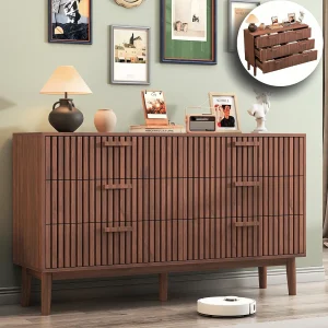 Commode van hout en rotan met 6 lades, multifunctioneel opbergmeubel, ladekast, dressoir, bruin Commode van hout en rotan met 6 lades, multifunctioneel opbergmeubel, ladekast, dressoir, bruin