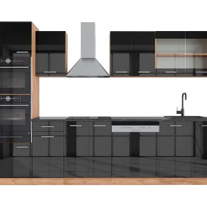 Complete keukeneenheid antraciet hoogglans/goud eiken 300x60x81.6 r-line Complete keukeneenheid antraciet hoogglans/goud eiken 300x60x81.6 r-line