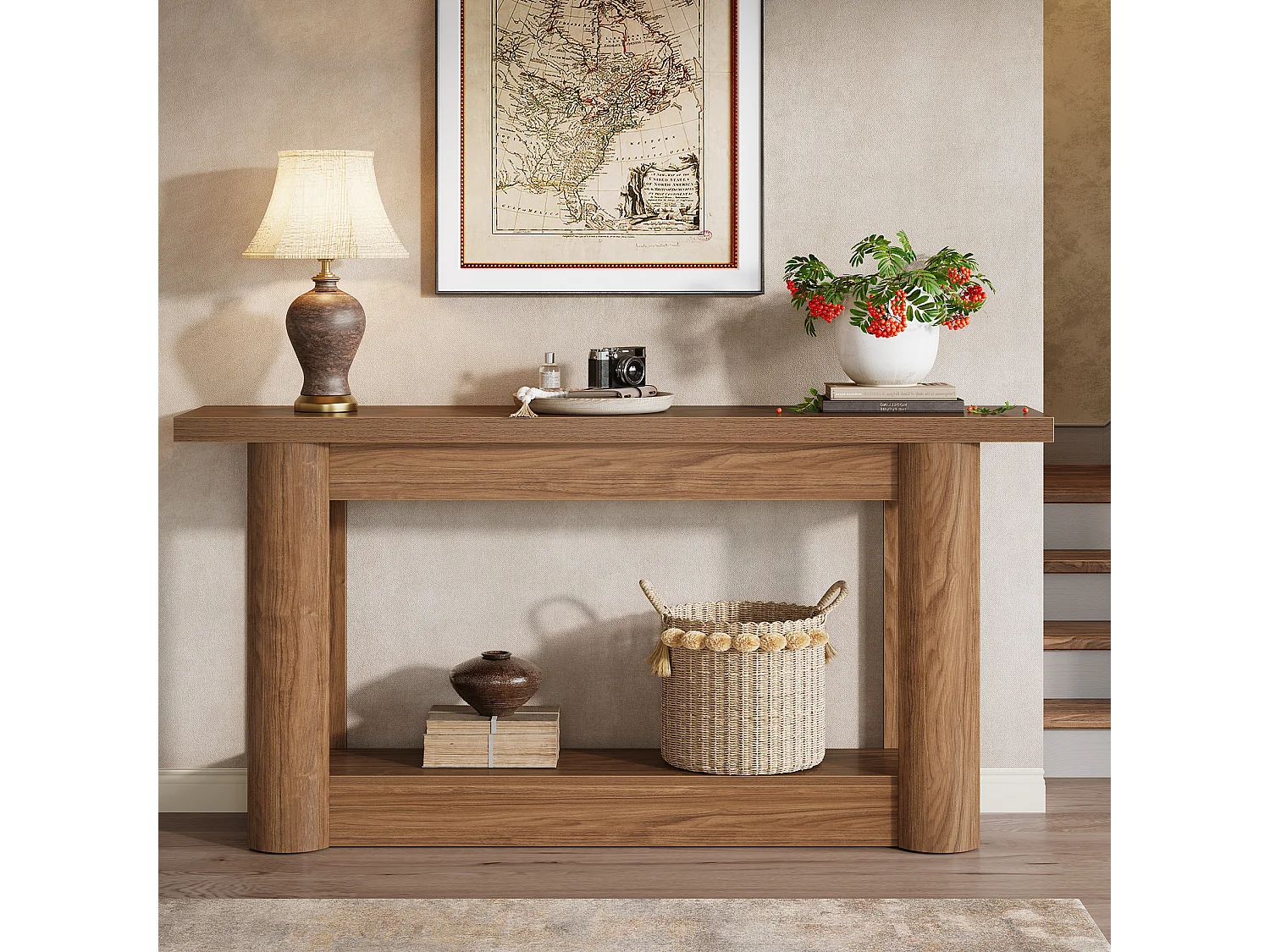 Consoletafel 160 cm, 2 lagen lang, haltafel met opbergruimte, rustiek bruin