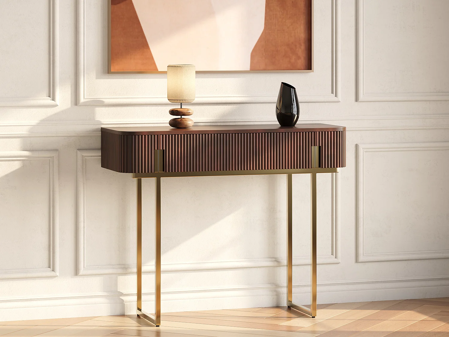 Sidetable met 1 lade in mangohout en verguld metaal - Donker naturel - DOLIYA van Maison Céphy
