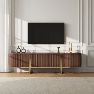 TV-meubel met 4 deuren in mangohout en goudkleurig metaal – Donker naturel – DOLIYA van Maison Céphy
