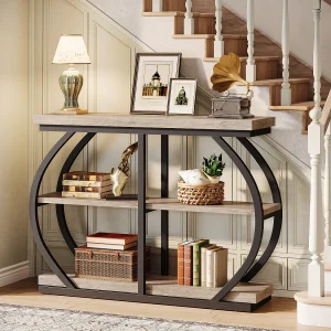 Consoletafel 105 cm, industriële haltafel met 3 niveaus, gebogen metalen frame en opbergplanken