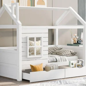 Kajuitbed 90×200 cm met 2 lades – huisvormig – massief hout – Wit Kajuitbed 90×200 cm met 2 lades – huisvormig – massief hout – Wit