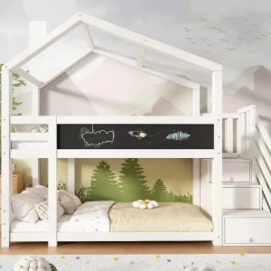 Stapelbed 90x200cm in massief hout – met opbergtrap (2 laden) en een schoolbord – Wit Stapelbed 90x200cm in massief hout – met opbergtrap (2 laden) en een schoolbord – Wit
