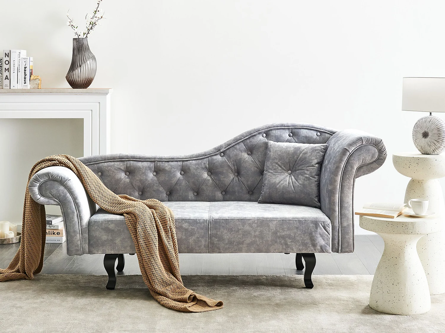 Chaise longue fluweel grijs rechtszijdig LATTES II