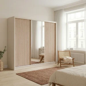 Kledingkast 3 schuifdeuren met spiegel B203 cm kleur beige en naturel – CALOWI Kledingkast 3 schuifdeuren met spiegel B203 cm kleur beige en naturel – CALOWI