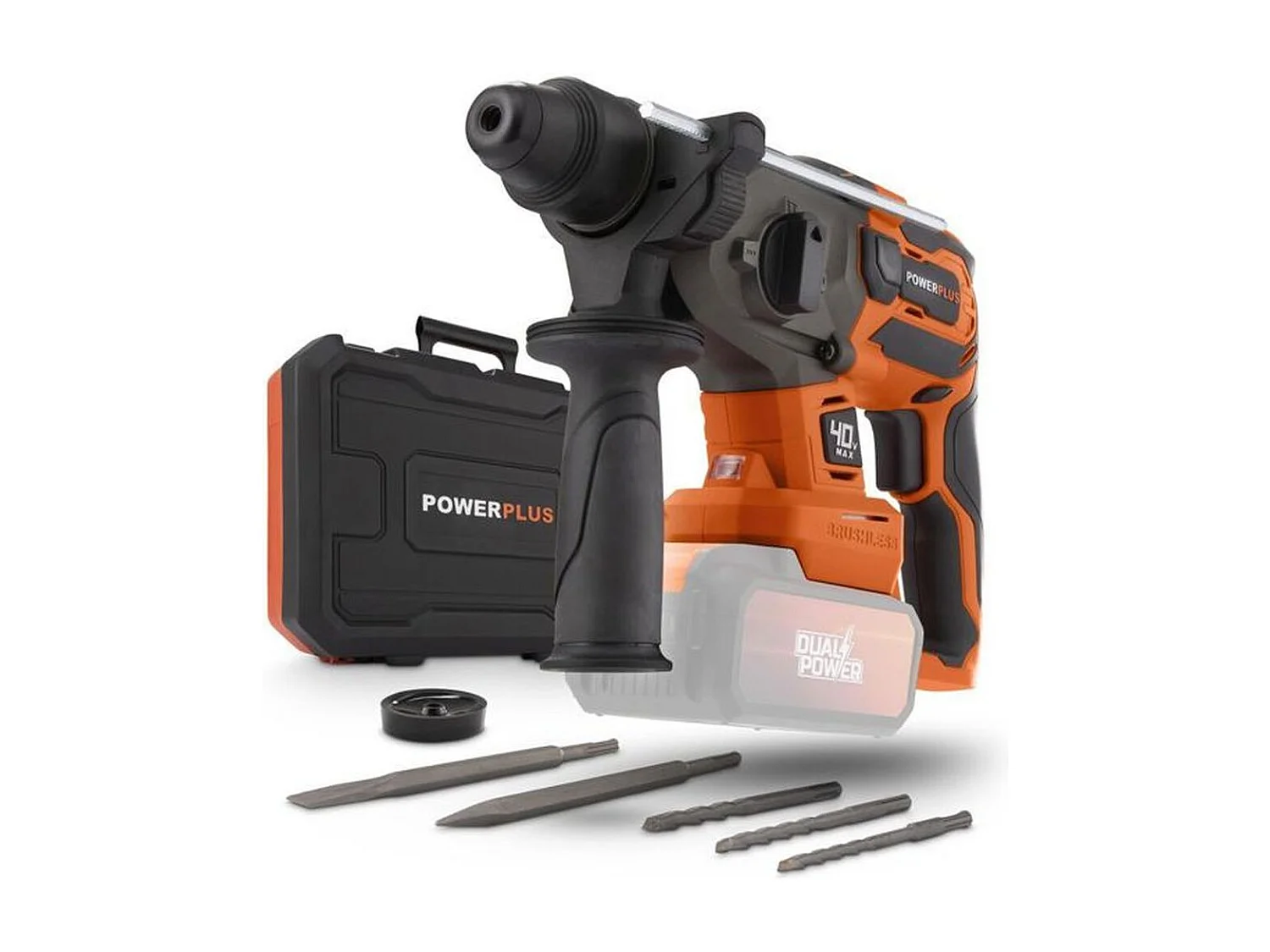 Draadloze klopboormachine 40V brushless SDS-Plus Dual Power POWDP15680 met 3 boren, 2 beitels en harde koffer