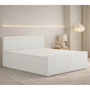 Boxspringbed met matras en opbergbox, chenillestof Flow, Ecru, 140×200 cm, H2-Pocket, DEMETER