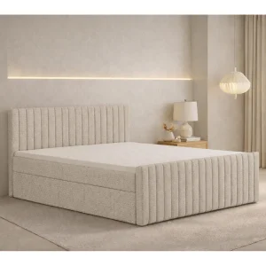 Boxspringbed met matras en opbergbox, chenillestof Flow, Donkerbeige, 200×200 cm, H2-Pocket, DEMETER