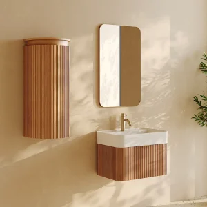 Enkel inbouwwastafelmeubel zwevend gestreept met kolomkast, licht naturel, 60 cm, BULMAS
