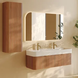 Zwevend gestreept dubbel inbouwwastafelmeubel met kolomkast, licht naturel, 120 cm, BULMAS Zwevend gestreept dubbel inbouwwastafelmeubel met kolomkast, licht naturel, 120 cm, BULMAS