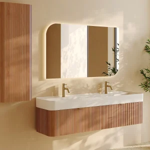 Zwevend gestreept dubbel inbouwwastafelmeubel met kolomkast, licht naturel, 150 cm, BULMAS Zwevend gestreept dubbel inbouwwastafelmeubel met kolomkast, licht naturel, 150 cm, BULMAS