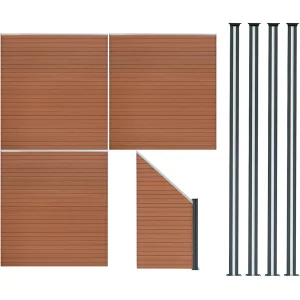 Composiet Schutting Paneel x 3, Schuin Paneel & LED Palen x 4 – Bruin
