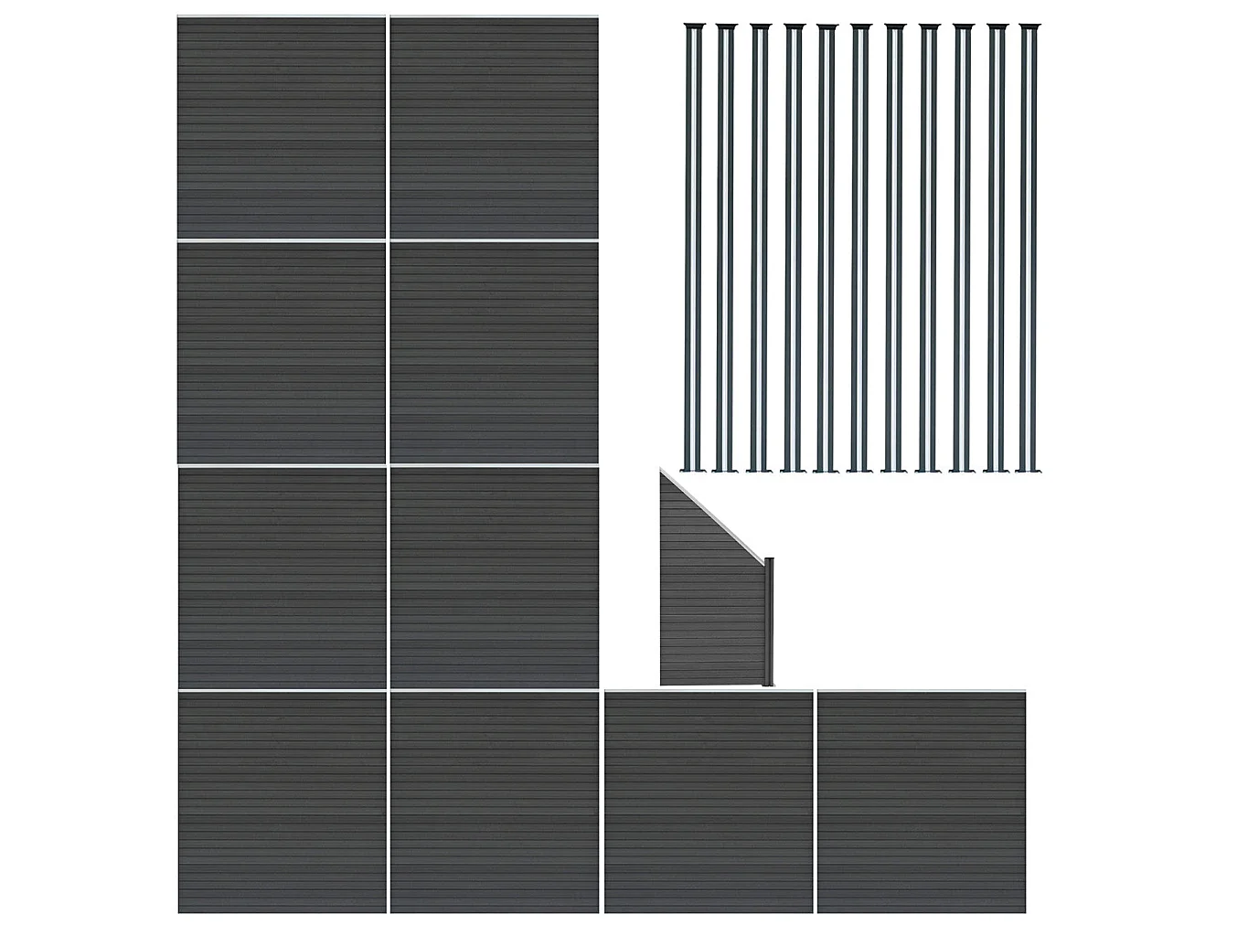 Composiet Schutting Panelen x 10, Schuin Paneel & LED Palen x 11 - Grijs