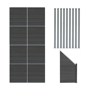 Composiet Schutting Panelen x 8, Schuin Paneel & LED Palen x 9 – Grijs