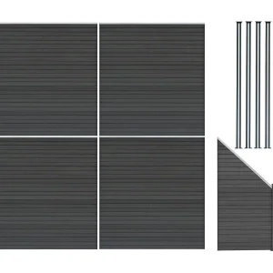 Composiet Schutting Panelen x 4, Schuin Paneel & LED Palen x 5 – Grijs