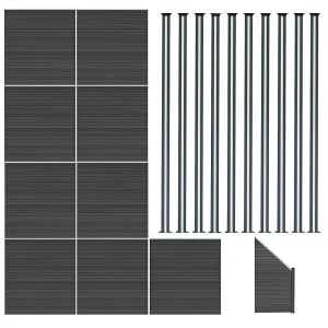 Composiet Schutting Panelen x 9, Schuin Paneel & LED Palen x 10 – Grijs