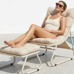 Buitenfauteuil van staal met kussen en inbegrepen poef, moderne tuinstoel voor terras en balkon