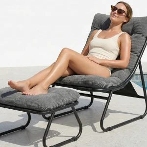 Buitenfauteuil van staal met kussen en inbegrepen poef, moderne tuinstoel voor terras en balkon